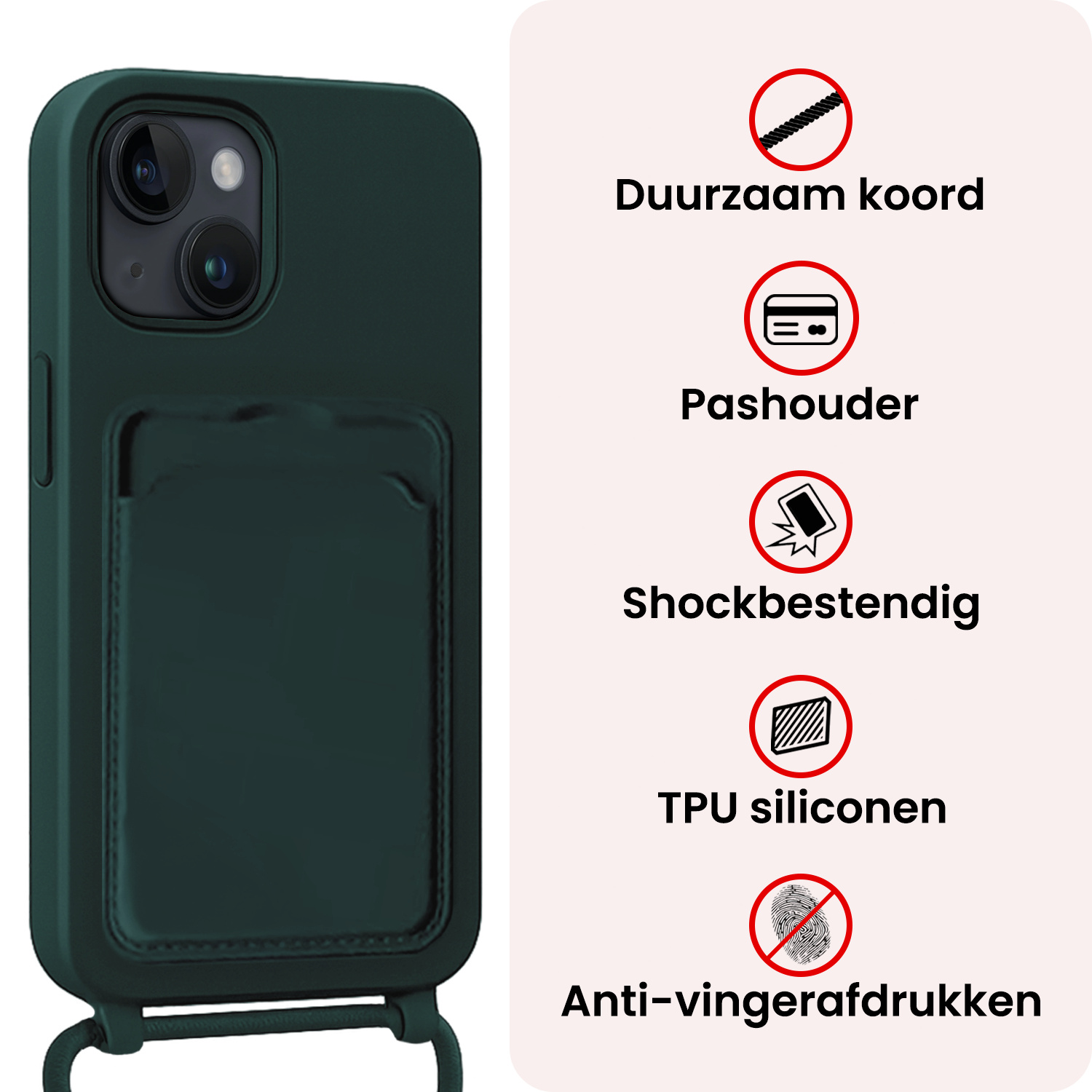 NoXx NoXx iPhone 15 Plus Hoesje Pashouder met Koord Met Screenprotector - Donkergroen
