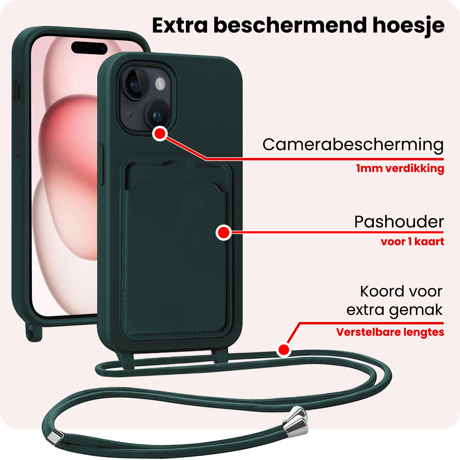 NoXx NoXx iPhone 15 Plus Hoesje Pashouder met Koord Met Screenprotector - Donkergroen