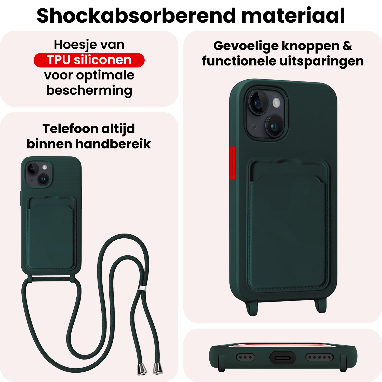 NoXx NoXx iPhone 15 Plus Hoesje Pashouder met Koord Met Screenprotector - Donkergroen
