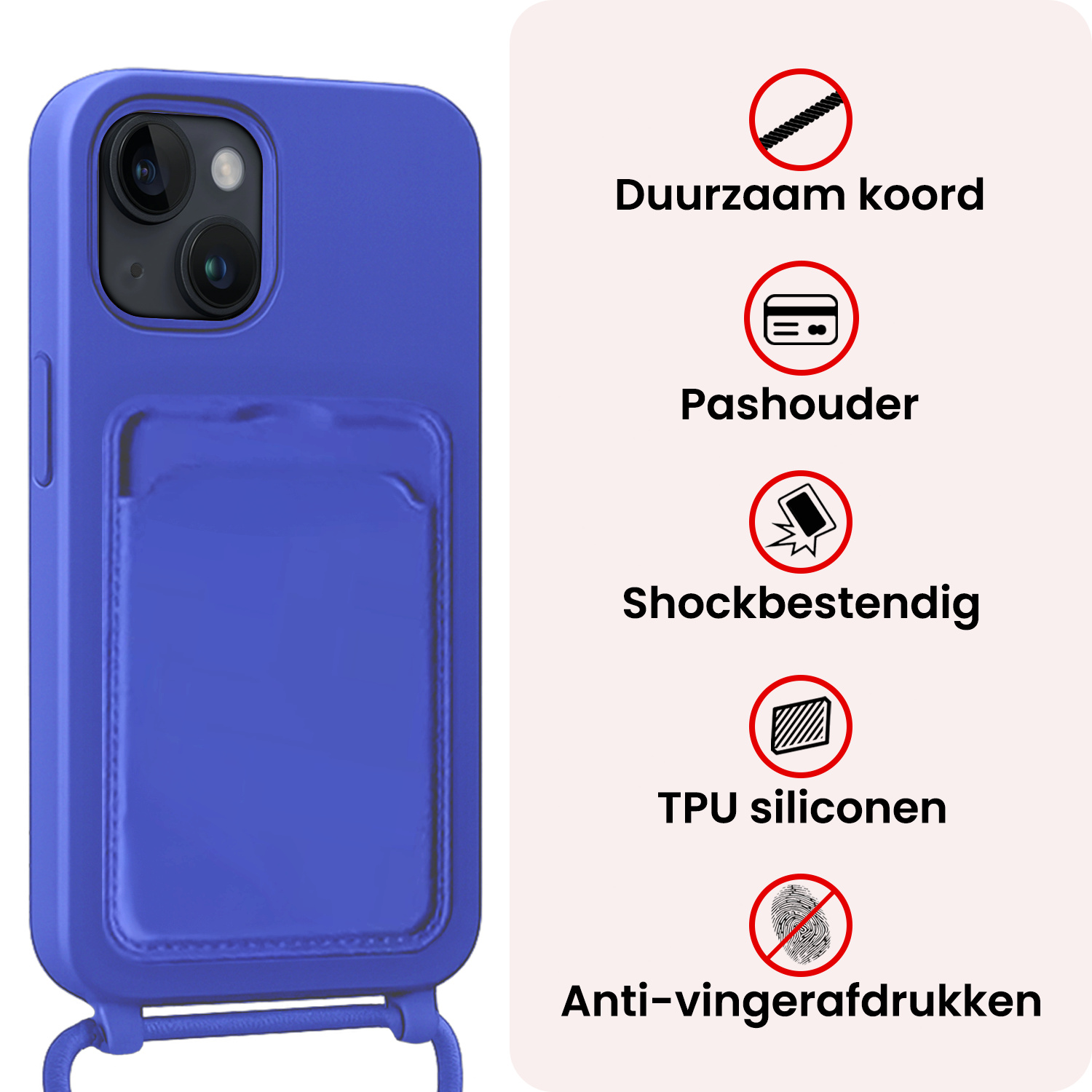 NoXx NoXx iPhone 15 Plus Hoesje Pashouder met Koord - Fel Blauw