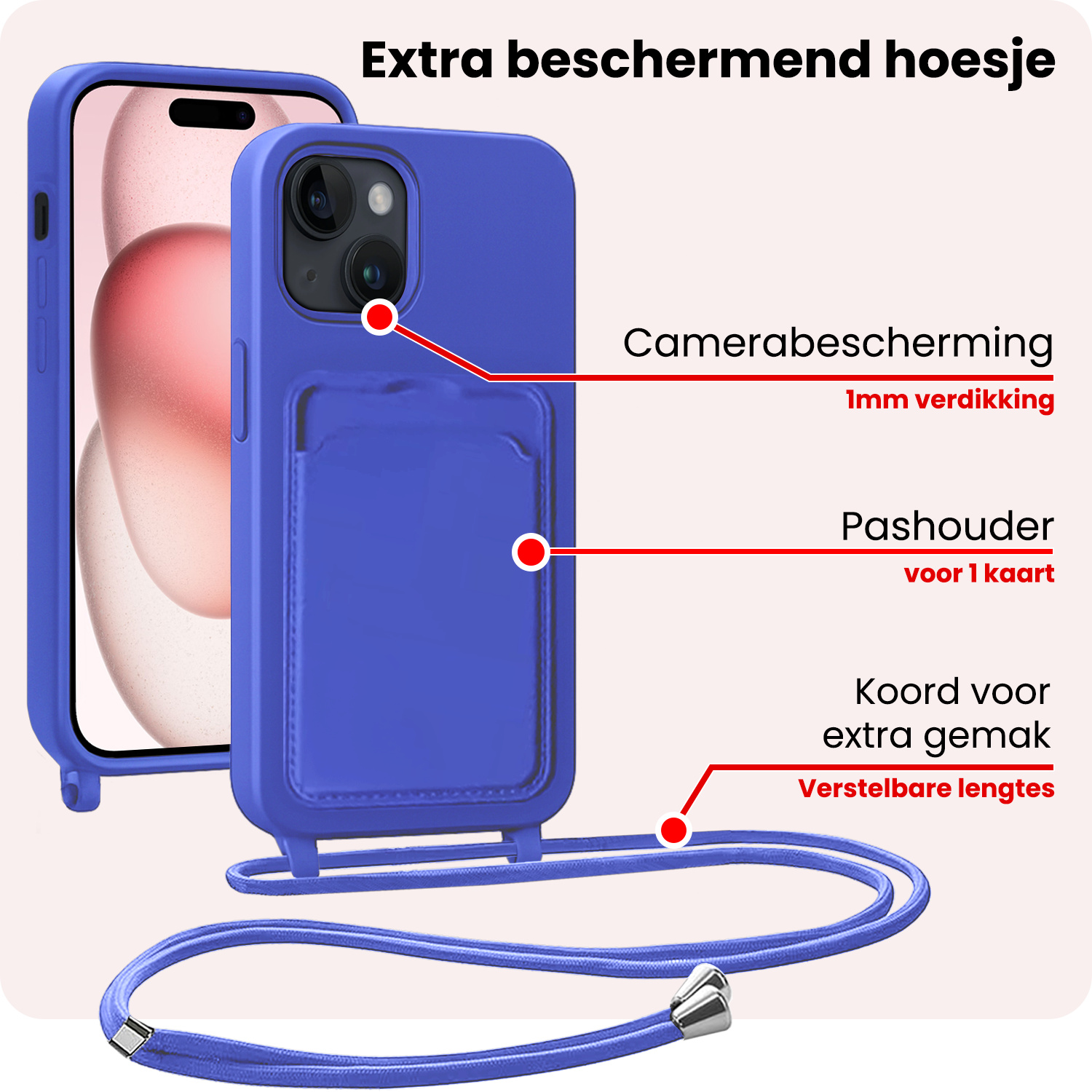 NoXx NoXx iPhone 15 Plus Hoesje Pashouder met Koord - Fel Blauw