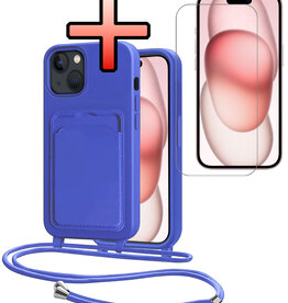 NoXx NoXx iPhone 15 Plus Hoesje Pashouder met Koord Met Screenprotector - Fel Blauw