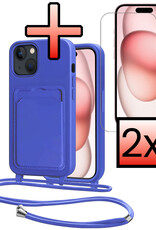 NoXx NoXx iPhone 15 Plus Hoesje Pashouder met Koord Met 2x Screenprotector - Fel Blauw