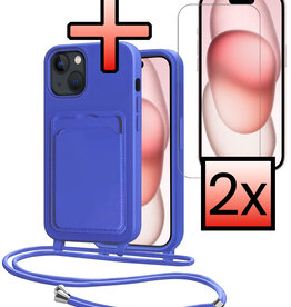 NoXx NoXx iPhone 15 Plus Hoesje Pashouder met Koord Met 2x Screenprotector - Fel Blauw