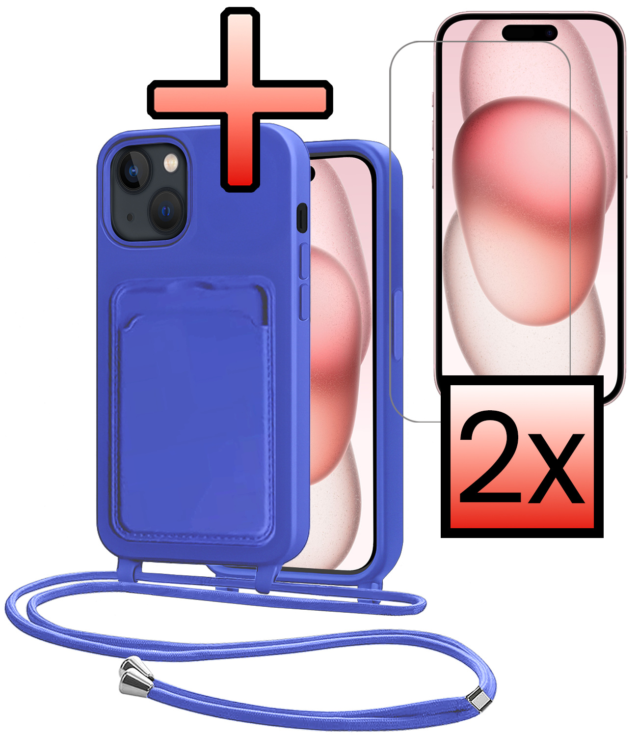 NoXx NoXx iPhone 15 Plus Hoesje Pashouder met Koord Met 2x Screenprotector - Fel Blauw