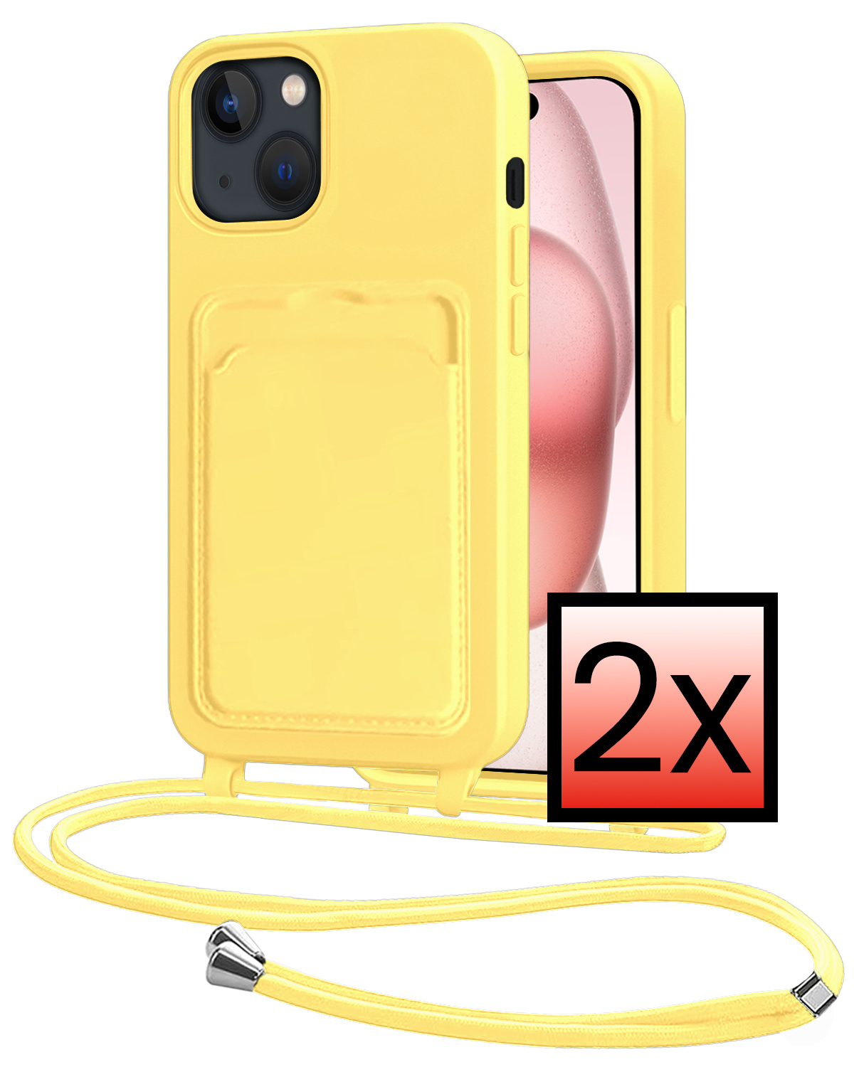 NoXx NoXx iPhone 15 Plus Hoesje Pashouder met Koord - Geel - 2 PACK