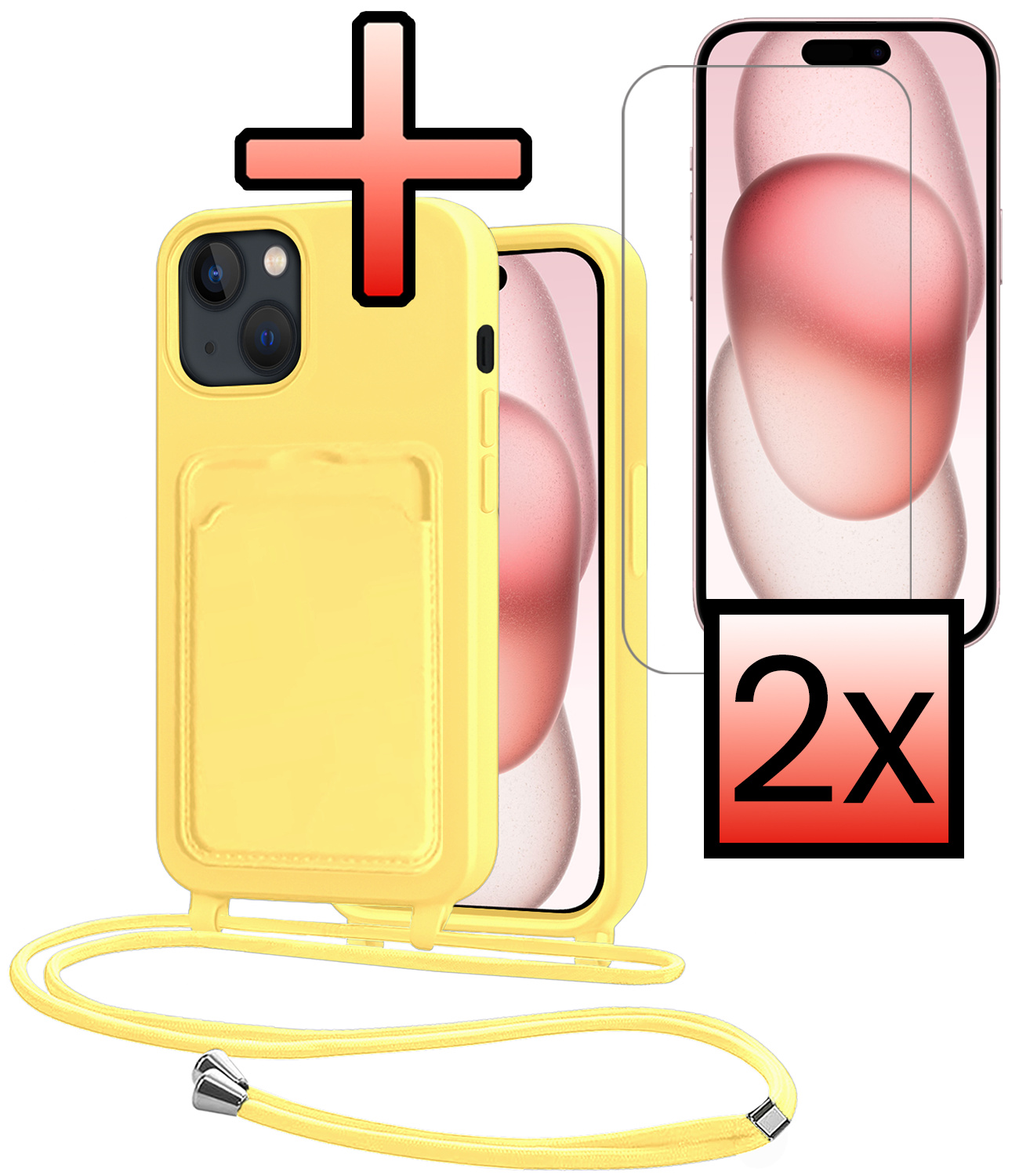 NoXx NoXx iPhone 15 Plus Hoesje Pashouder met Koord Met 2x Screenprotector - Geel