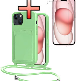 NoXx NoXx iPhone 15 Plus Hoesje Pashouder met Koord Met Screenprotector - Groen