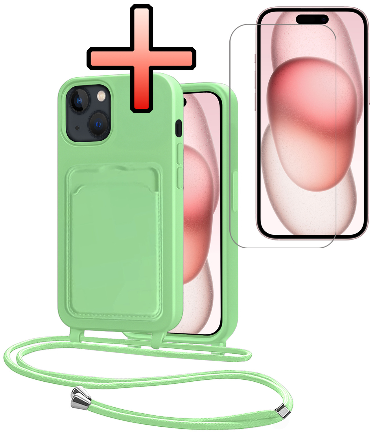 NoXx NoXx iPhone 15 Plus Hoesje Pashouder met Koord Met Screenprotector - Groen