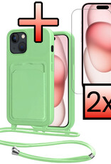 NoXx NoXx iPhone 15 Plus Hoesje Pashouder met Koord Met 2x Screenprotector - Groen