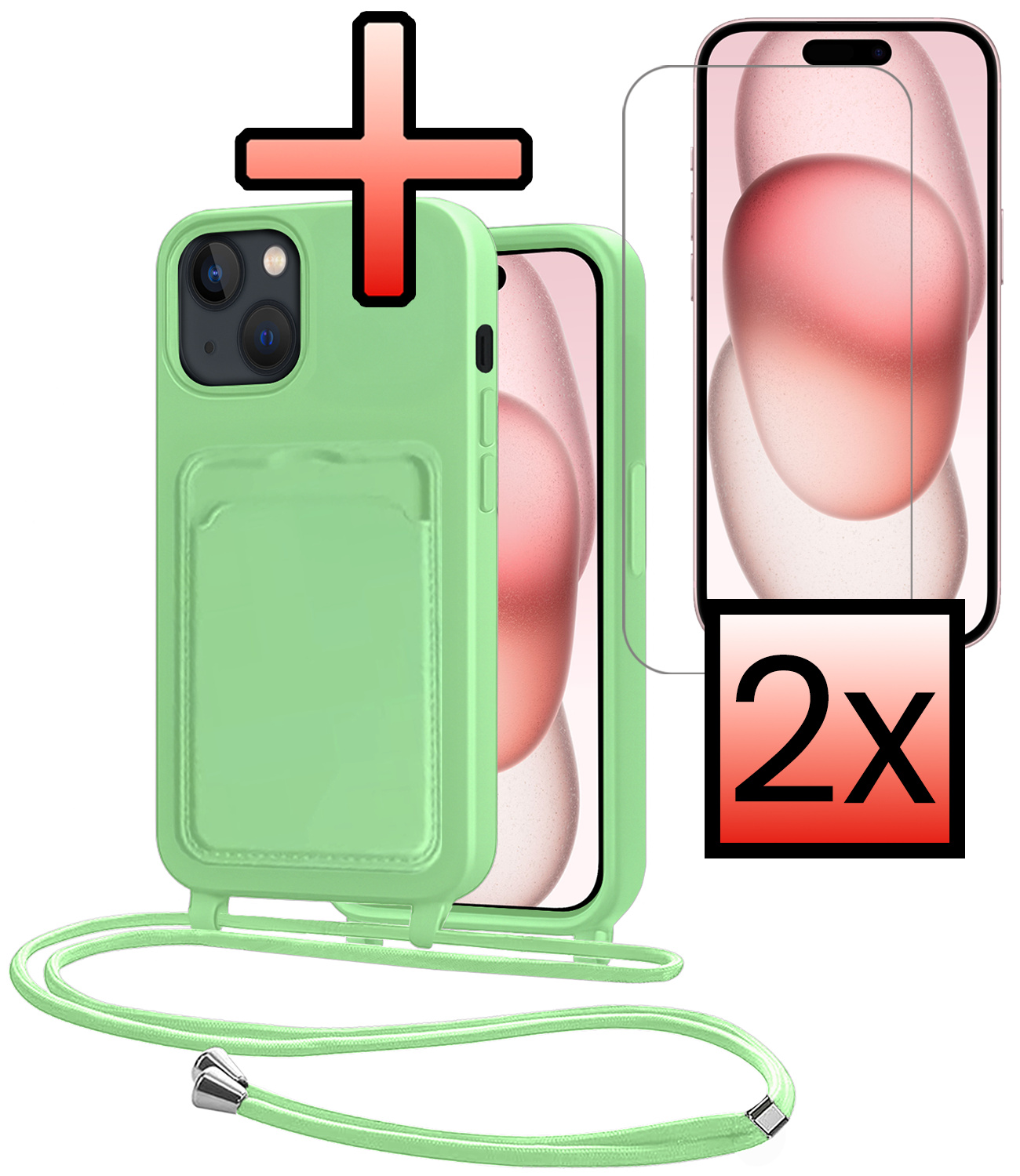 NoXx NoXx iPhone 15 Plus Hoesje Pashouder met Koord Met 2x Screenprotector - Groen