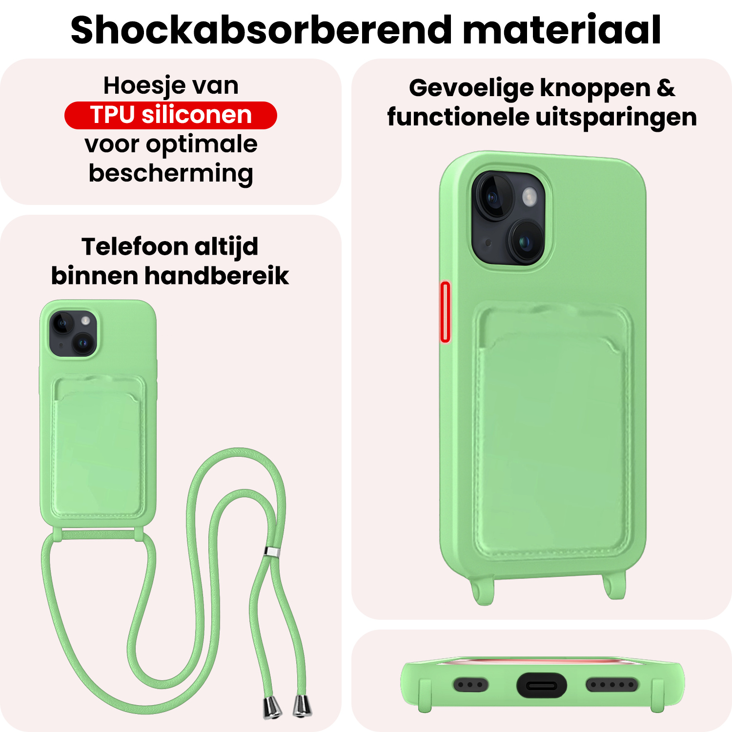 NoXx NoXx iPhone 15 Plus Hoesje Pashouder met Koord Met 2x Screenprotector - Groen