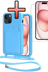 NoXx NoXx iPhone 15 Plus Hoesje Pashouder met Koord Met Screenprotector - Lichtblauw