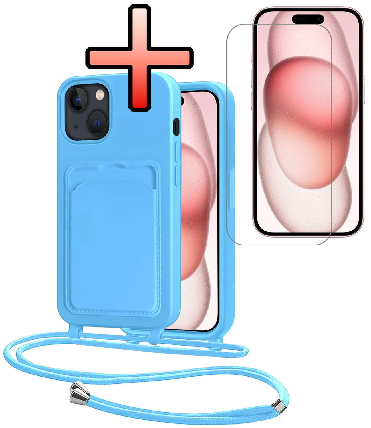 NoXx NoXx iPhone 15 Plus Hoesje Pashouder met Koord Met Screenprotector - Lichtblauw