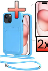 NoXx NoXx iPhone 15 Plus Hoesje Pashouder met Koord Met 2x Screenprotector - Lichtblauw