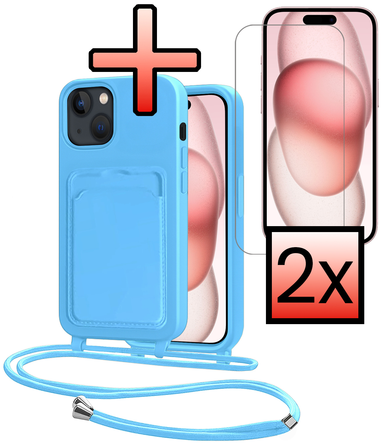 NoXx NoXx iPhone 15 Plus Hoesje Pashouder met Koord Met 2x Screenprotector - Lichtblauw
