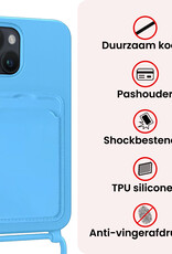 NoXx NoXx iPhone 15 Plus Hoesje Pashouder met Koord Met 2x Screenprotector - Lichtblauw