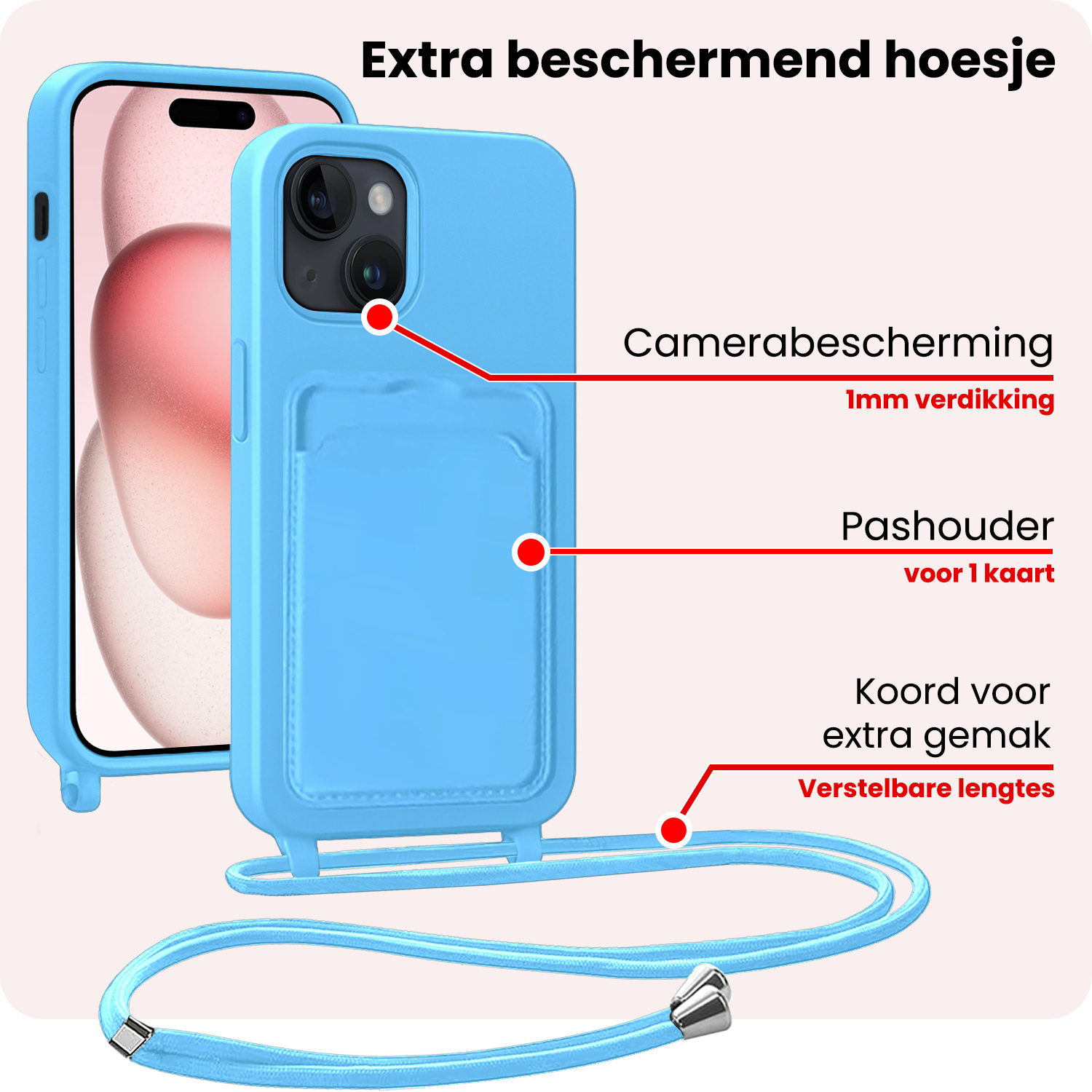 NoXx NoXx iPhone 15 Plus Hoesje Pashouder met Koord Met 2x Screenprotector - Lichtblauw