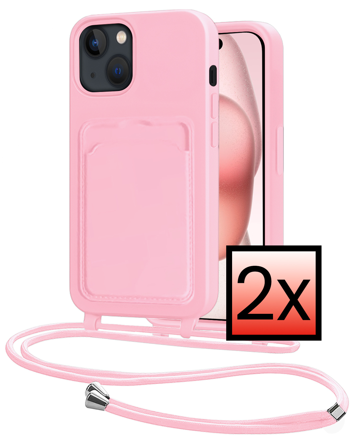 NoXx NoXx iPhone 15 Plus Hoesje Pashouder met Koord - Lichtroze - 2 PACK