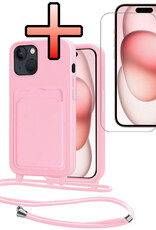 NoXx NoXx iPhone 15 Plus Hoesje Pashouder met Koord Met Screenprotector - Lichtroze