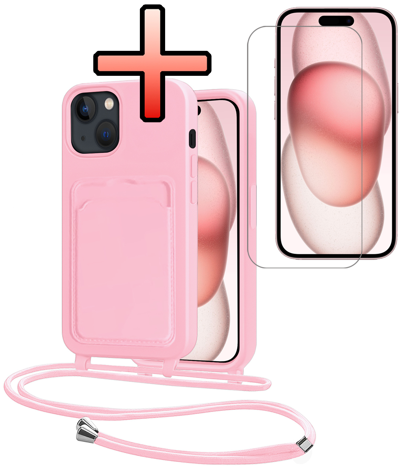 NoXx NoXx iPhone 15 Plus Hoesje Pashouder met Koord Met Screenprotector - Lichtroze