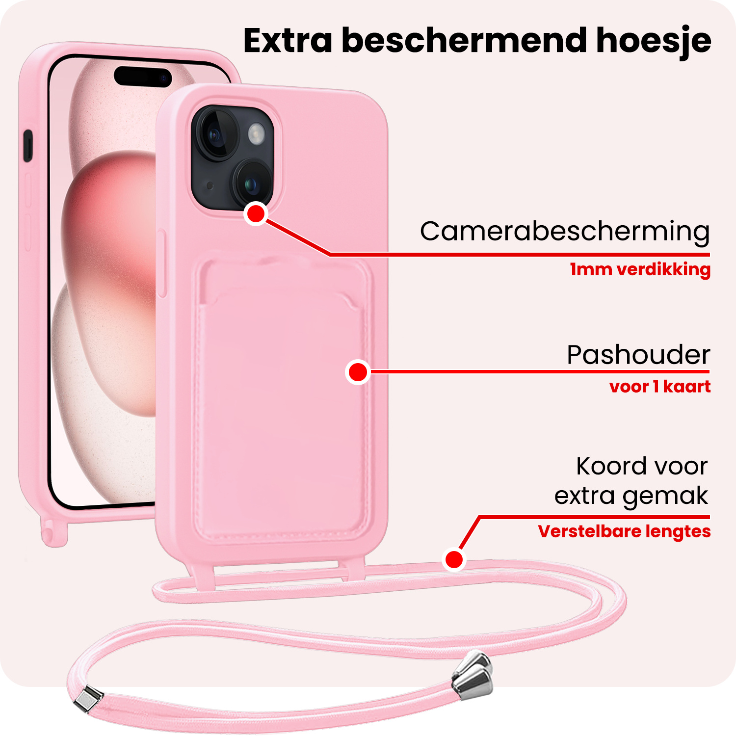 NoXx NoXx iPhone 15 Plus Hoesje Pashouder met Koord Met Screenprotector - Lichtroze