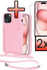 NoXx NoXx iPhone 15 Plus Hoesje Pashouder met Koord Met 2x Screenprotector - Lichtroze