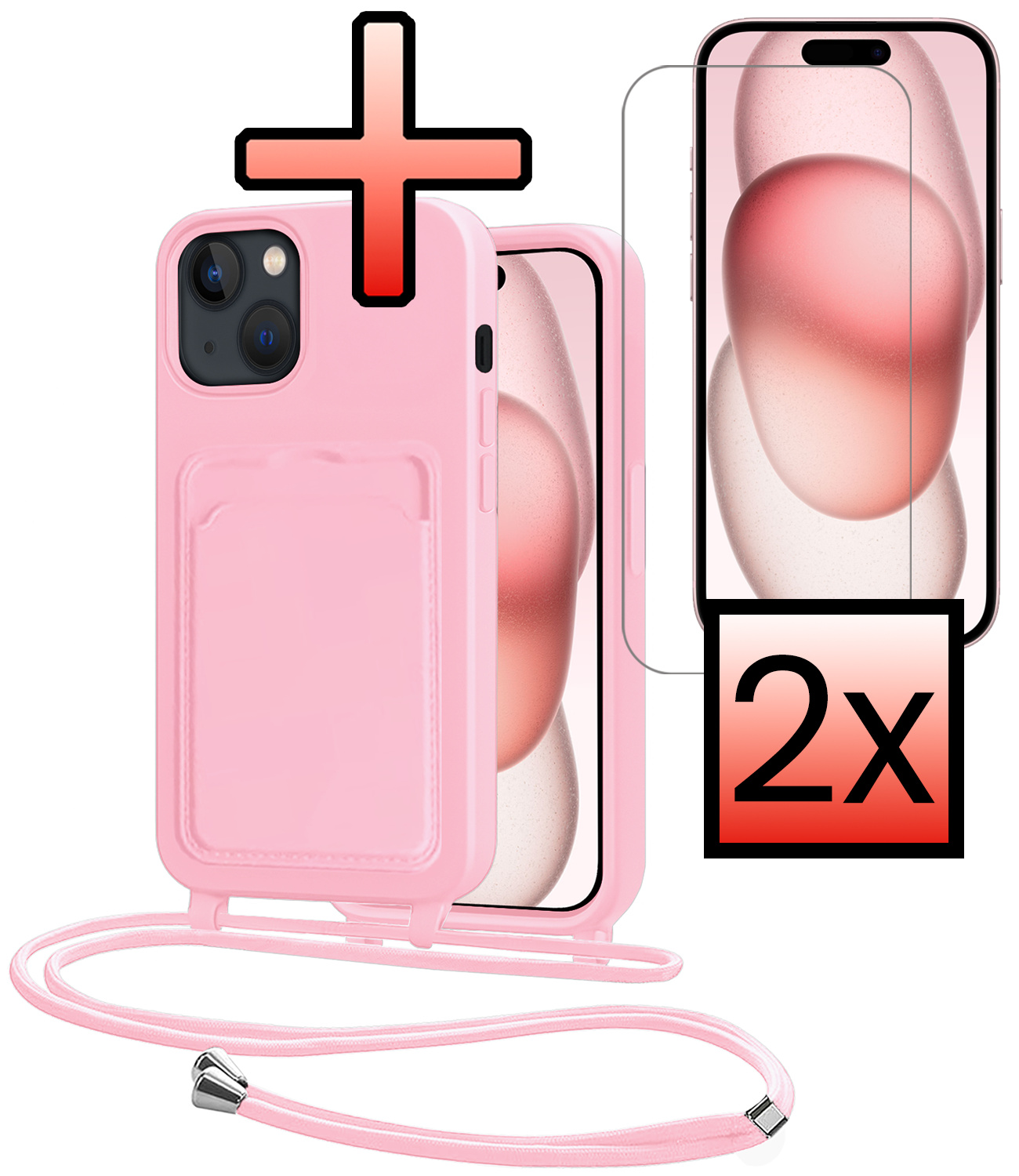 NoXx NoXx iPhone 15 Plus Hoesje Pashouder met Koord Met 2x Screenprotector - Lichtroze