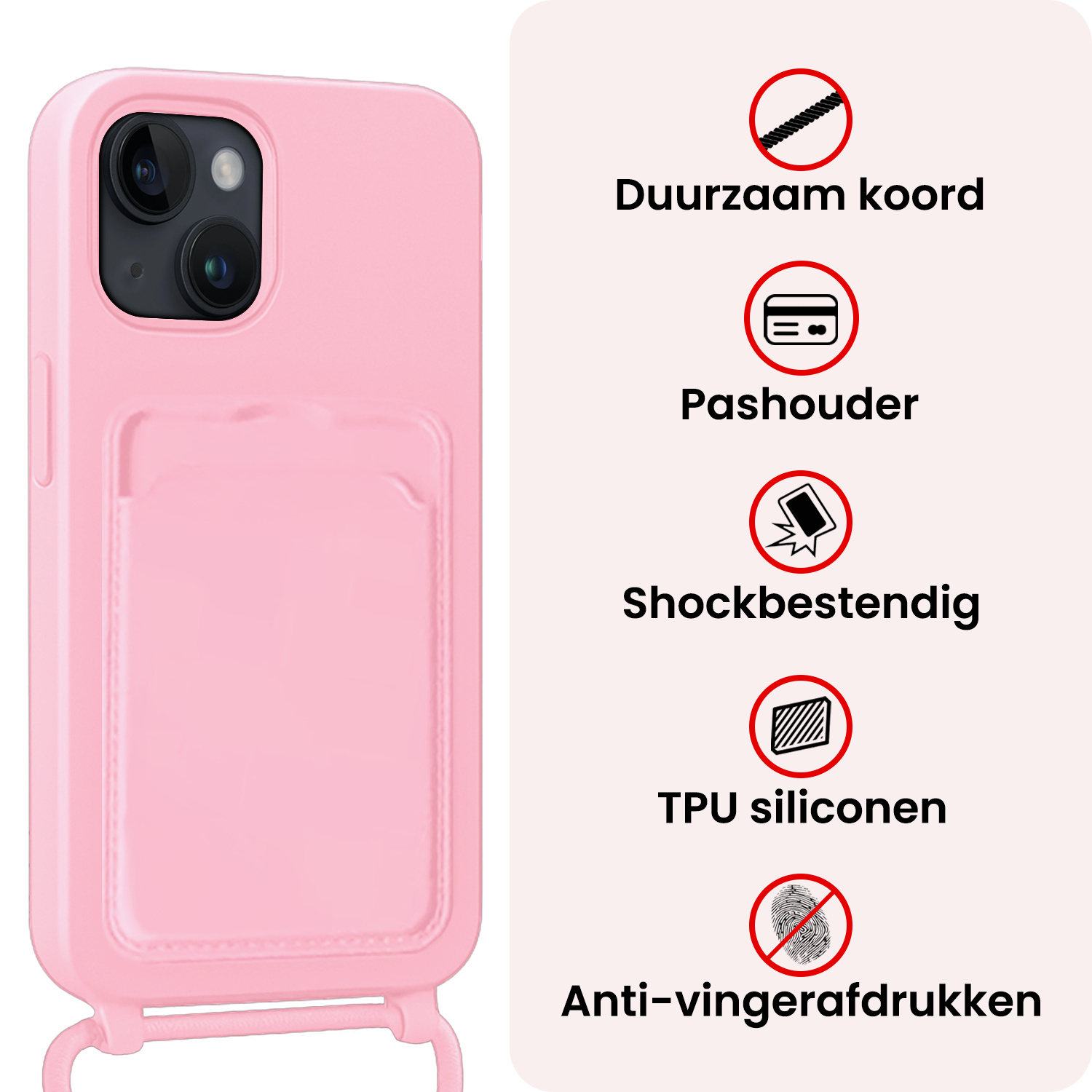 NoXx NoXx iPhone 15 Plus Hoesje Pashouder met Koord Met 2x Screenprotector - Lichtroze