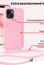 NoXx NoXx iPhone 15 Plus Hoesje Pashouder met Koord Met 2x Screenprotector - Lichtroze