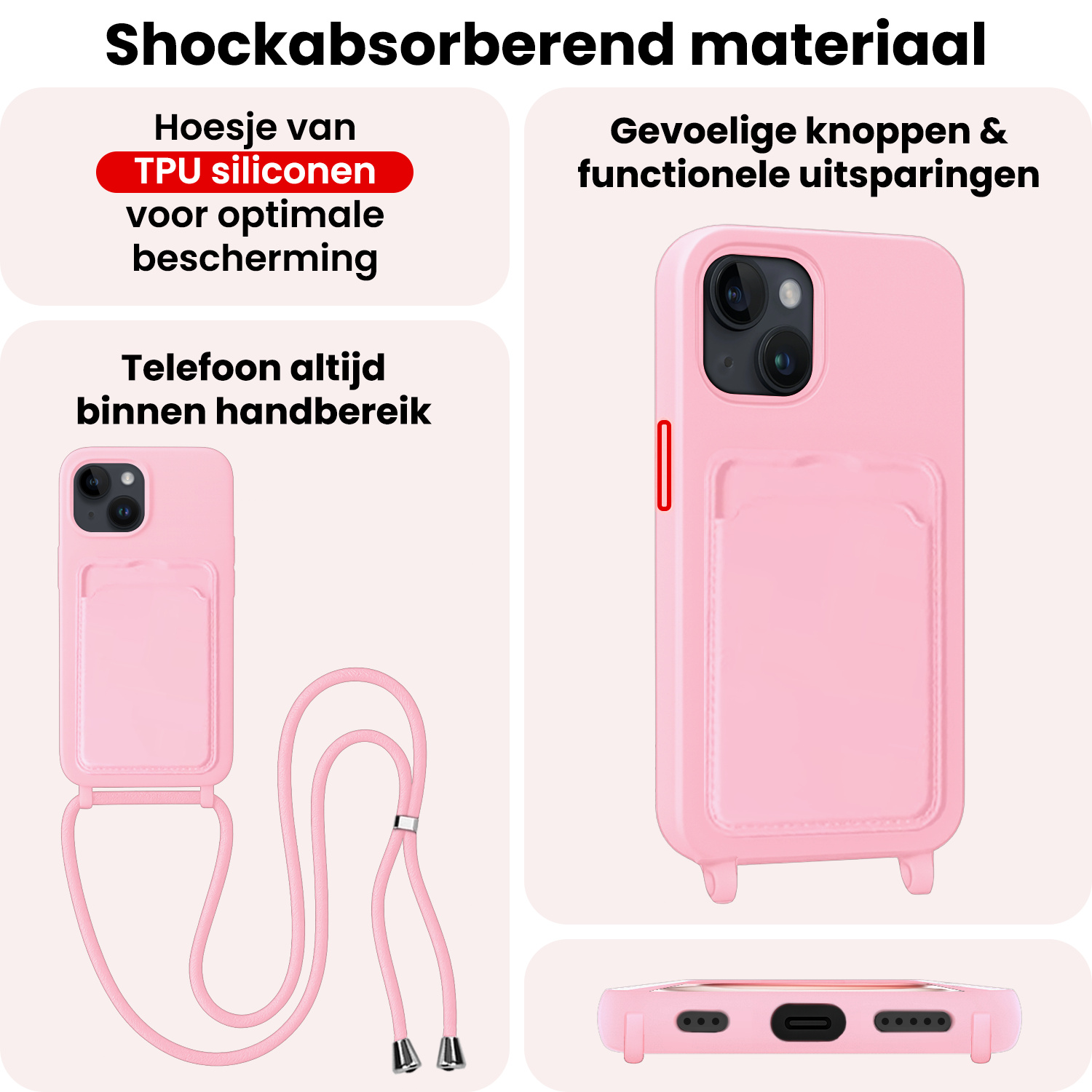 NoXx NoXx iPhone 15 Plus Hoesje Pashouder met Koord Met 2x Screenprotector - Lichtroze