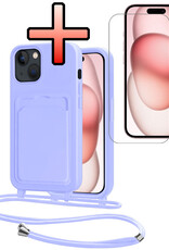 NoXx NoXx iPhone 15 Plus Hoesje Pashouder met Koord Met Screenprotector - Lila