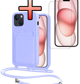 NoXx NoXx iPhone 15 Plus Hoesje Pashouder met Koord Met Screenprotector - Lila
