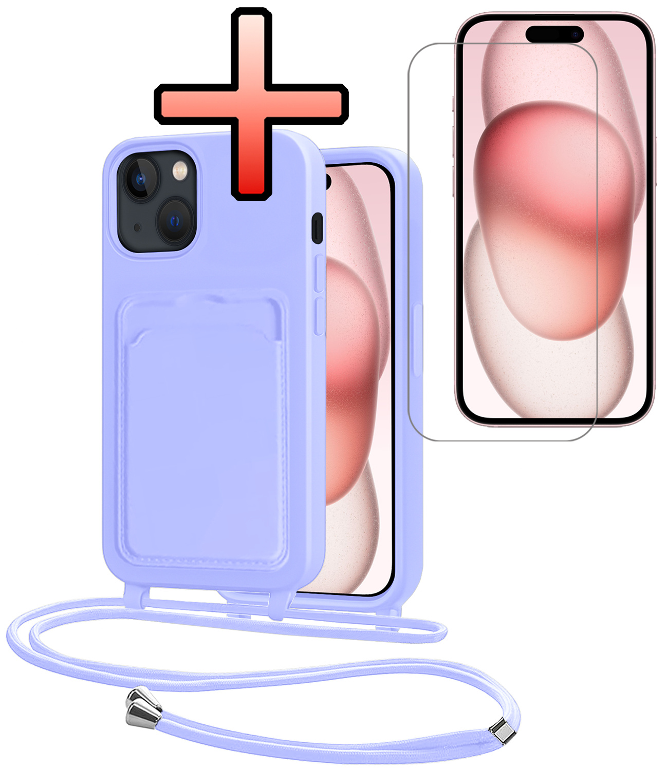 NoXx NoXx iPhone 15 Plus Hoesje Pashouder met Koord Met Screenprotector - Lila