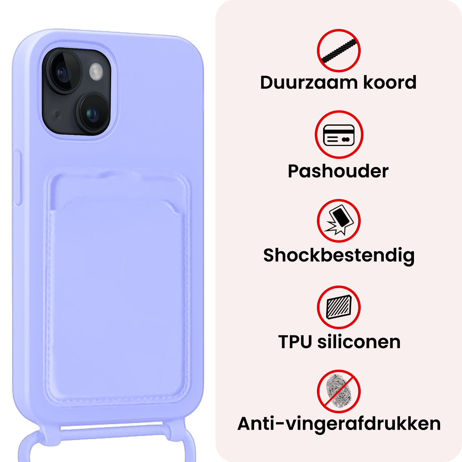 NoXx NoXx iPhone 15 Plus Hoesje Pashouder met Koord Met Screenprotector - Lila