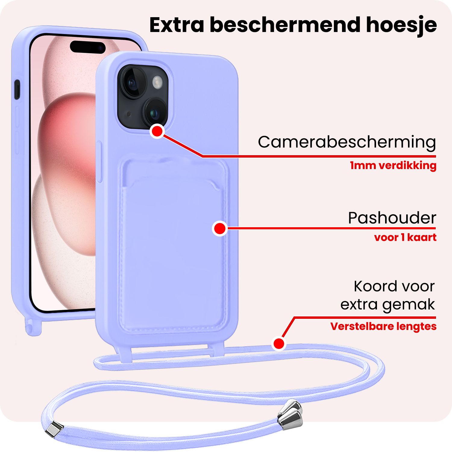 NoXx NoXx iPhone 15 Plus Hoesje Pashouder met Koord Met Screenprotector - Lila