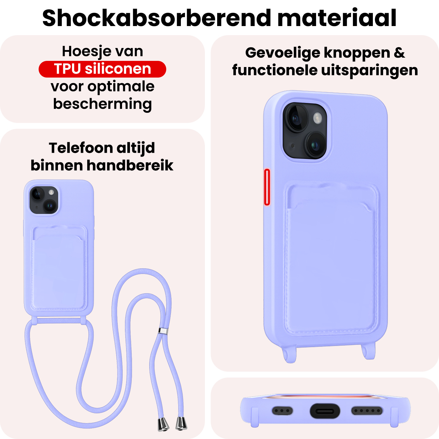 NoXx NoXx iPhone 15 Plus Hoesje Pashouder met Koord Met Screenprotector - Lila