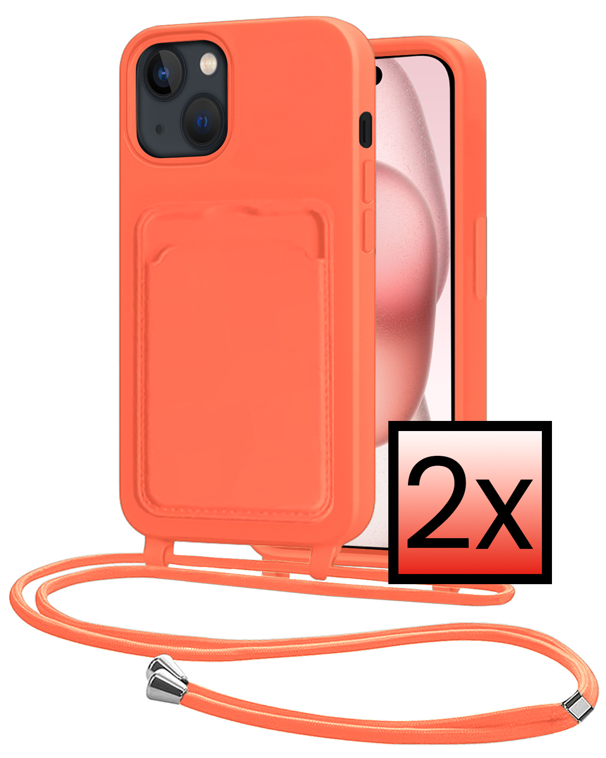 NoXx NoXx iPhone 15 Plus Hoesje Pashouder met Koord - Papaya - 2 PACK