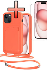 NoXx NoXx iPhone 15 Plus Hoesje Pashouder met Koord Met Screenprotector - Papaya