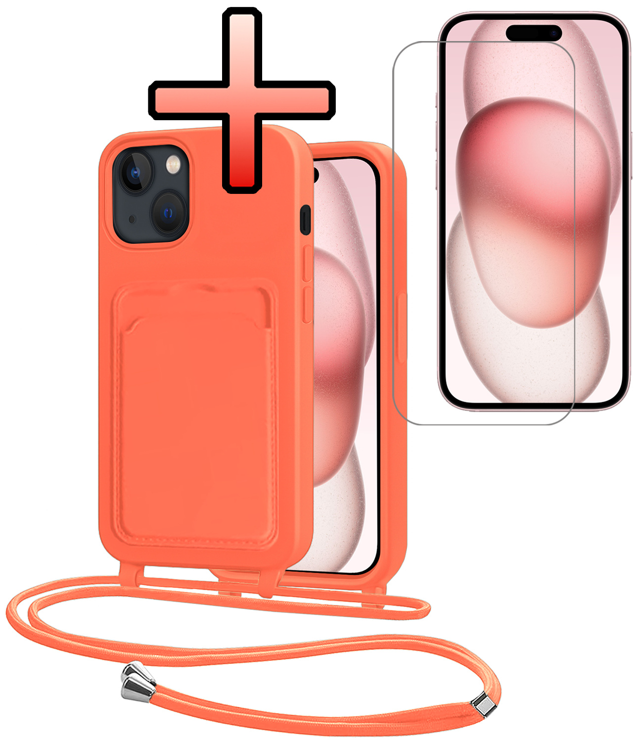 NoXx NoXx iPhone 15 Plus Hoesje Pashouder met Koord Met Screenprotector - Papaya