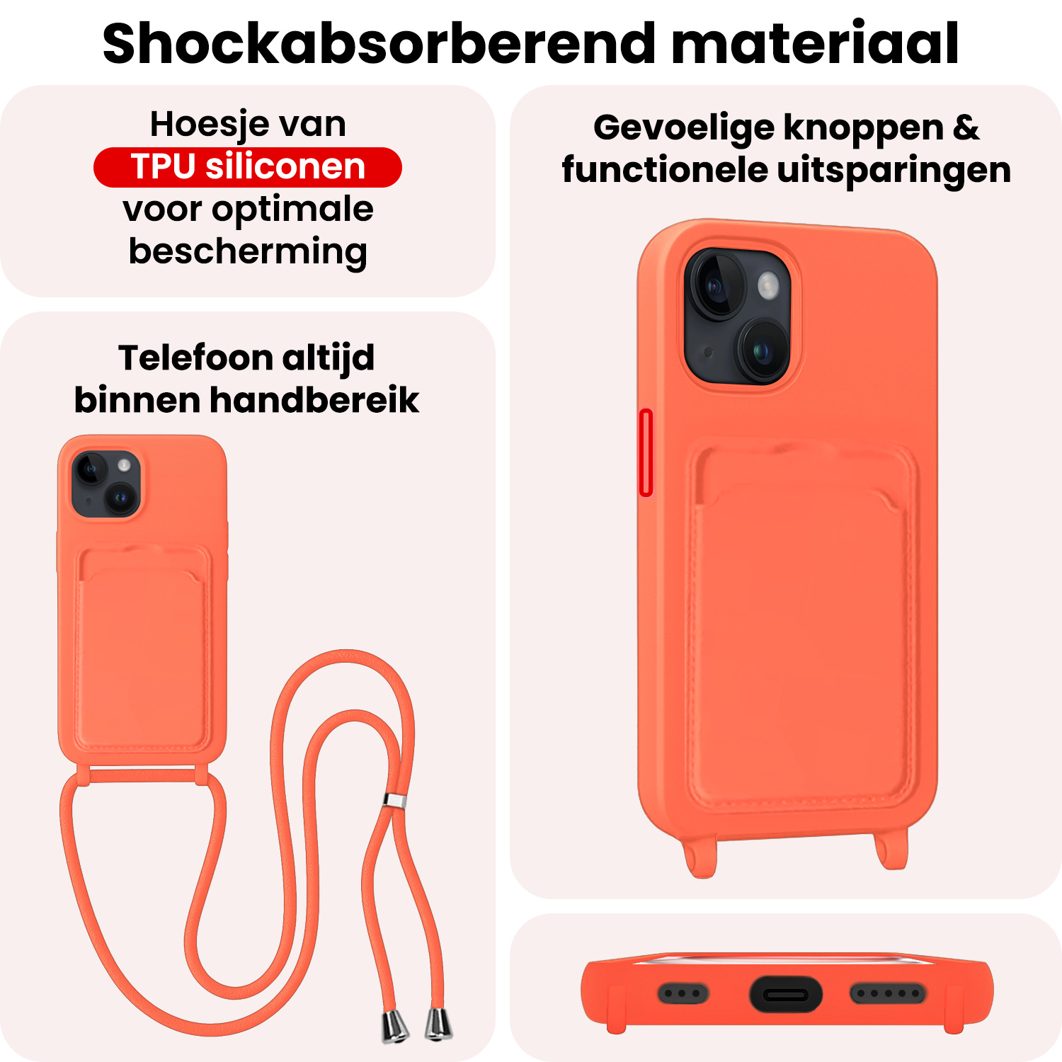 NoXx NoXx iPhone 15 Plus Hoesje Pashouder met Koord Met Screenprotector - Papaya