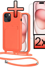 NoXx NoXx iPhone 15 Plus Hoesje Pashouder met Koord Met 2x Screenprotector - Papaya