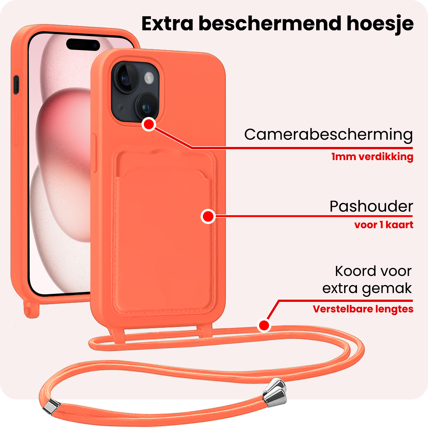 NoXx NoXx iPhone 15 Plus Hoesje Pashouder met Koord Met 2x Screenprotector - Papaya