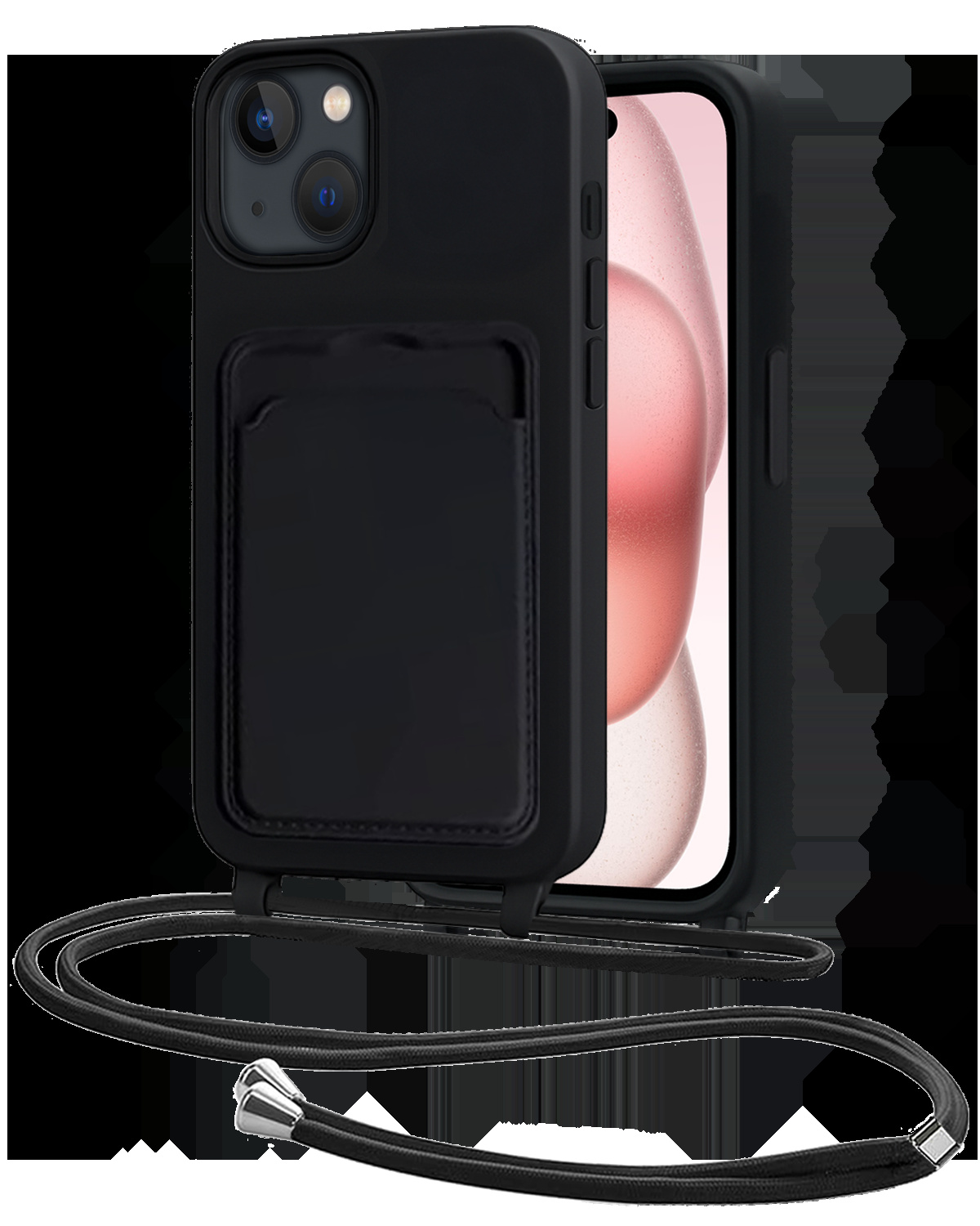 NoXx NoXx iPhone 15 Plus Hoesje Pashouder met Koord - Zwart