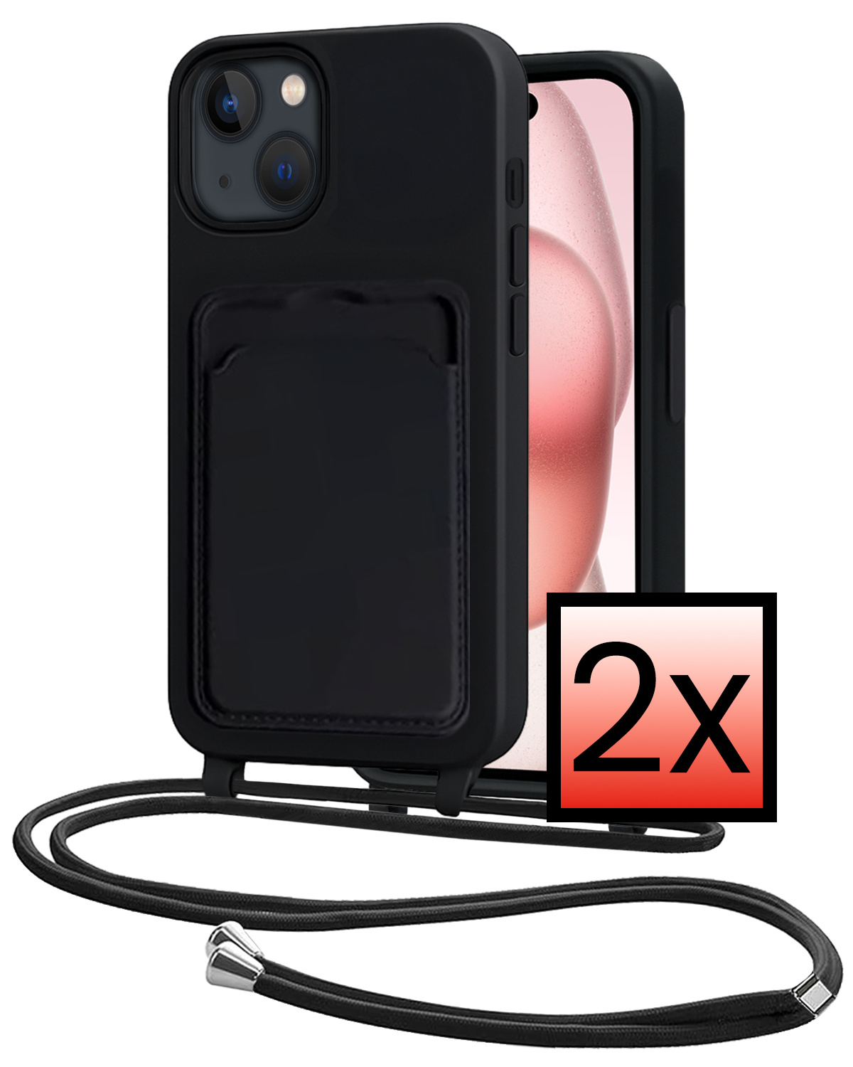 NoXx NoXx iPhone 15 Plus Hoesje Pashouder met Koord - Zwart - 2 PACK