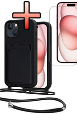 NoXx NoXx iPhone 15 Plus Hoesje Pashouder met Koord Met Screenprotector - Zwart