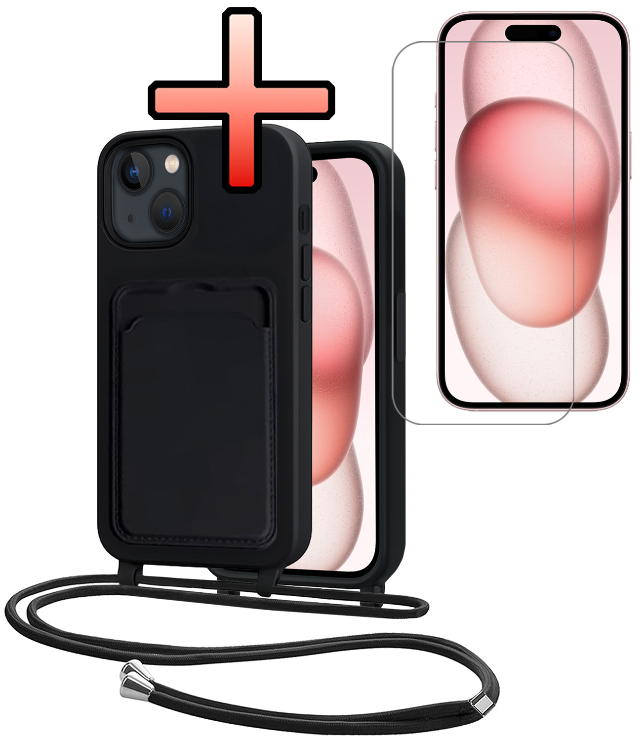 NoXx NoXx iPhone 15 Plus Hoesje Pashouder met Koord Met Screenprotector - Zwart