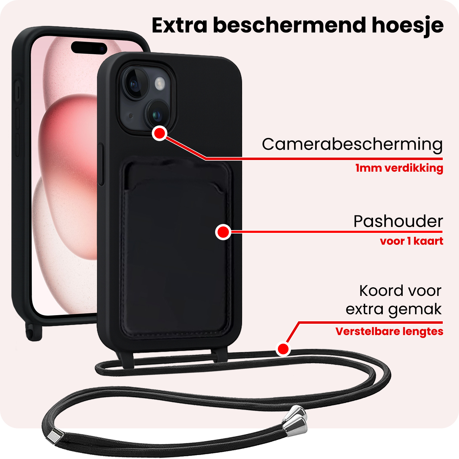 NoXx NoXx iPhone 15 Plus Hoesje Pashouder met Koord Met Screenprotector - Zwart