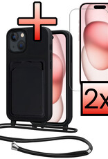 NoXx NoXx iPhone 15 Plus Hoesje Pashouder met Koord Met 2x Screenprotector - Zwart