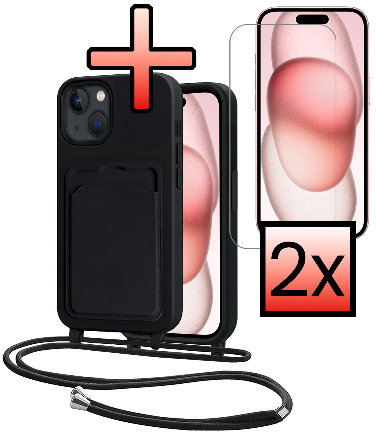 NoXx NoXx iPhone 15 Plus Hoesje Pashouder met Koord Met 2x Screenprotector - Zwart